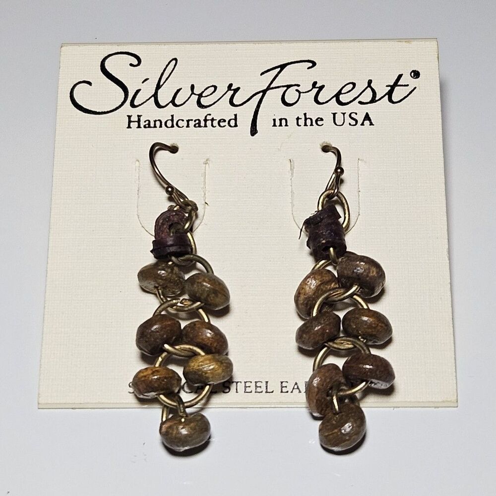 Silver Forest Brown Wood Dangling Earrings New
